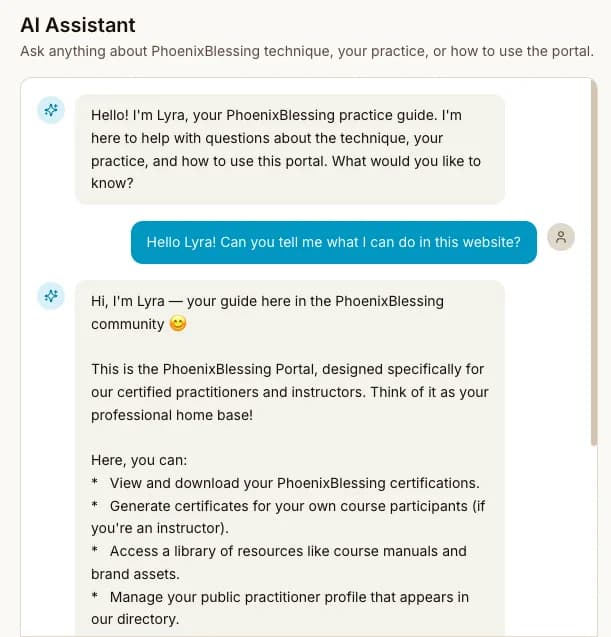 Lyra, the PhoenixBlessing Portal AI guide, answering a question in chat