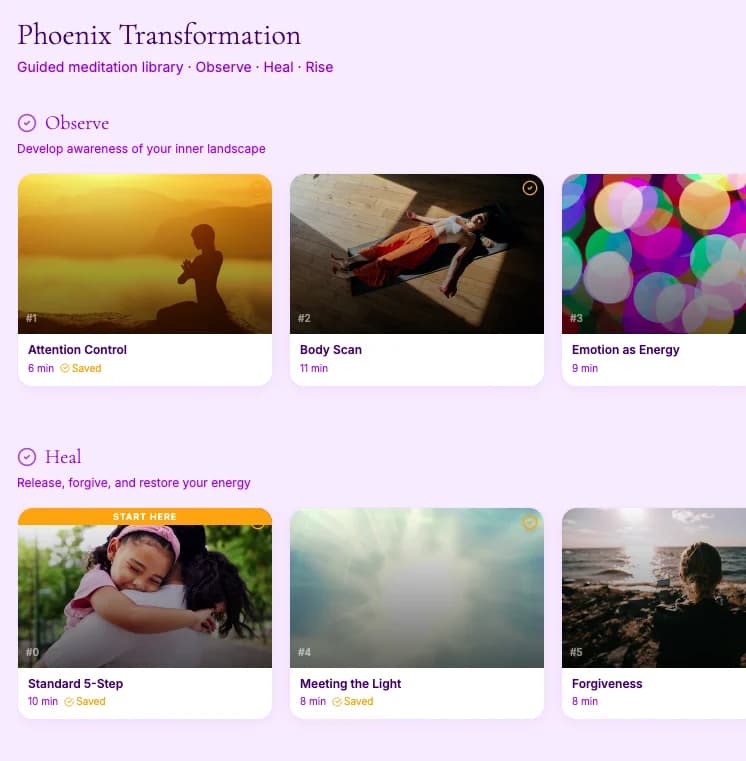 The Sanctuary meditation library — Phoenix Transformation, Observe and Heal sections