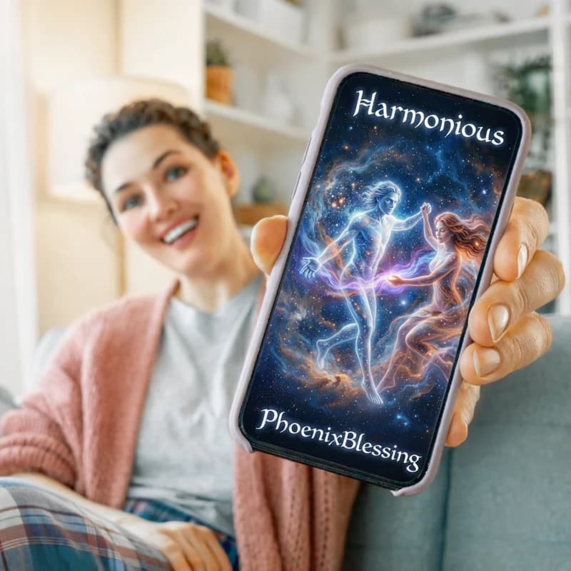 Person holding a phone showing a PhoenixBlessing oracle card — Harmonious