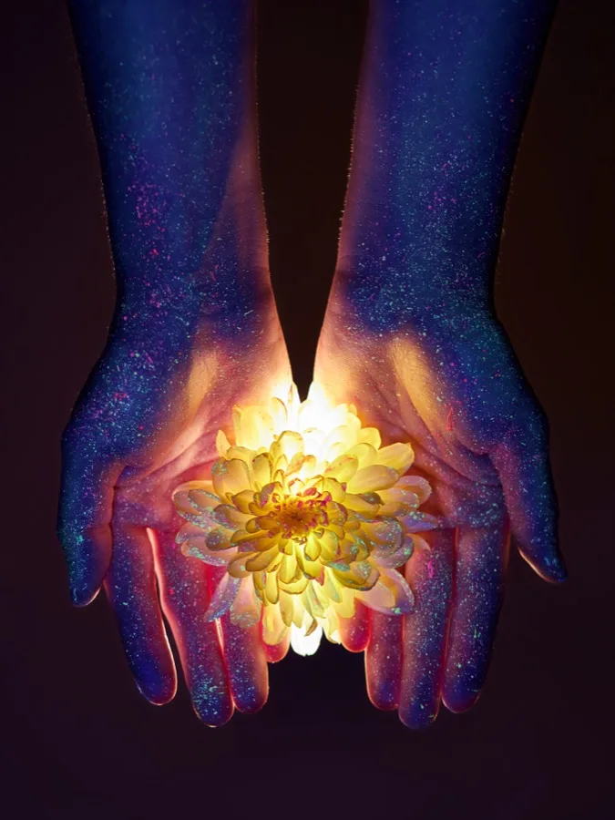 Hands holding a luminous flower — discovering your Phoenix within the darkness