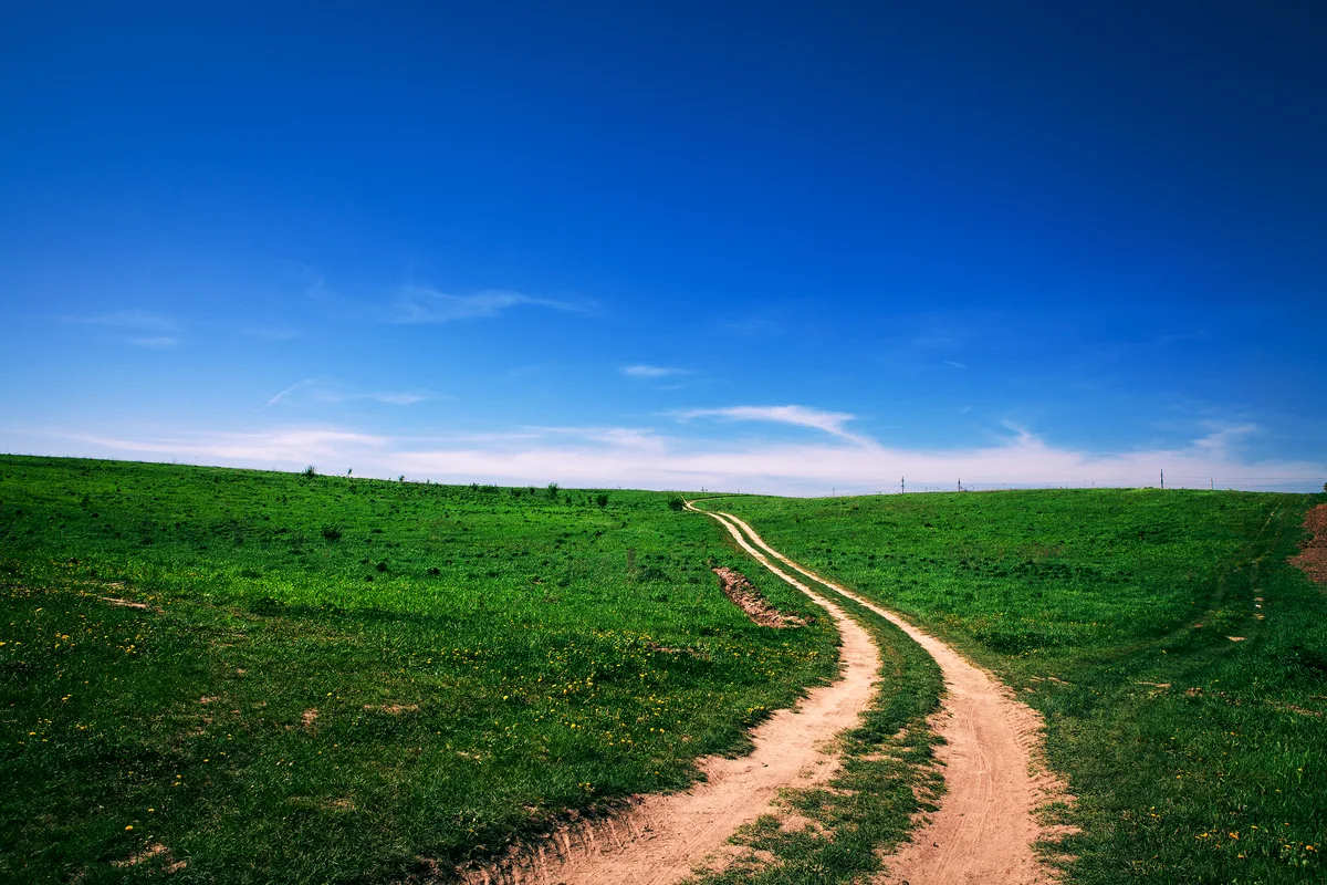 An open, winding dirt road stretching into the distance — the non-linear, human journey of moving forward into the unknown